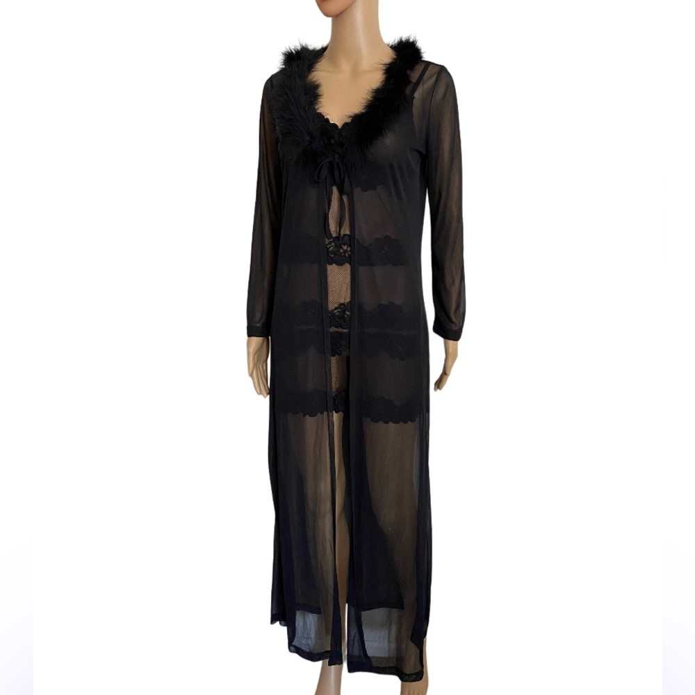 Miss California Apparel Sheer Mesh Feather Boa Trim Collar Long Robe Size M
